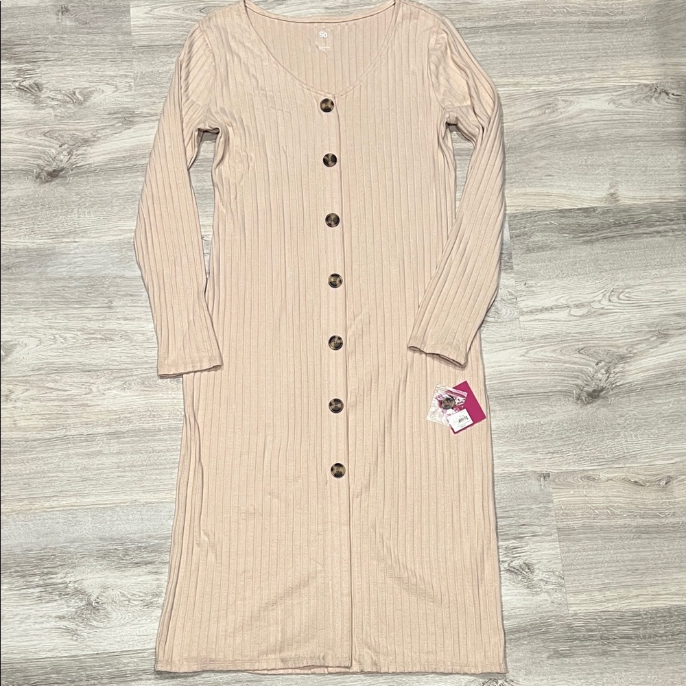 Women's So Elegant Long Sleeve Beige Button-Down Midi Dress NWT